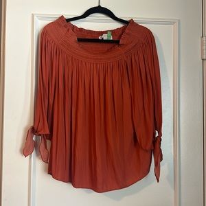 Loft burnt orange off the shoulder silk top